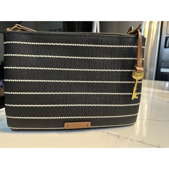 Fossil Handbags - Fossil Black &White Fiona Small Heart Stripes Crossbody Bag Purse
